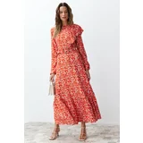 Trendyol Red Floral Lined Ruffle Detailed Belted Woven Dress
