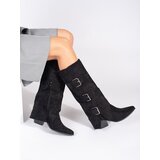 SEASTAR Black suede women's heeled boots with buckles Cene