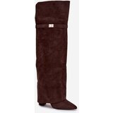 Boto Insulated boots with rolled top Over the knee block heel chocolate Serelle | Shoptok.si