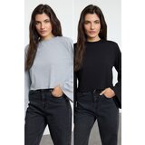 Trendyol Black-Grey Melange 2-Pack 100% Cotton Spanish Sleeve Knitted T-Shirt