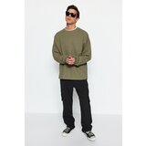 Trendyol Light Khaki Men's Oversized Label Detailed Long Sleeve Textured Cotton Sweatshirt.