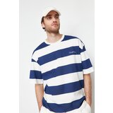 Trendyol Navy Blue Men's Oversize Text Embroidered Striped 100% Cotton T-Shirt Cene