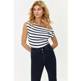 Trendyol Navy Blue Striped Boat Neck Fitted Viscose/Soft Fabric Stretchy Knitted Blouse