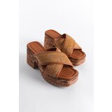 Capone Outfitters Women's Cork Platform Sold Straw Cross Band Slippers Cene