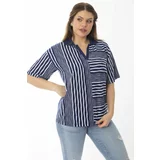 Şans Women's Plus Size Navy Blue Striped Combination Blouse