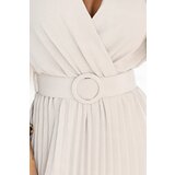 numoco basic 607-1 LYRA pleated midi dress with envelope neckline and wide belt - beige | Shoptok.si