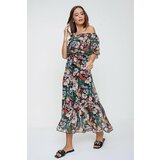 By Saygı Floral Pattern Frilled Chiffon Dress With Frill Collar Belted Waist Green cene