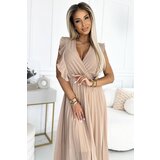 Numoco 315-6 EMILY Pleated dress with ruffles on the shoulders and neckline - beige | Shoptok.si
