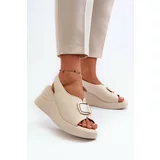 Kesi Women's leather wedge sandals with embellishments, beige Salvania