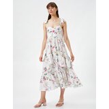 Koton Floral Dress With Tie Midi Straps, Flounces Sweetheart Collar | shoptok.hr