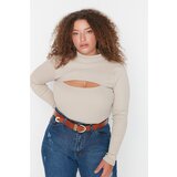 Trendyol Curve Beige Cut Out Detailed Collar Knitted Blouse Cene