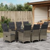 vidaXL Set od 9 dijelova vrtne blagovaonice s jastucima Siva poli ratan | shoptok.hr