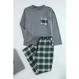 Trendyol Men's Grey-Green Plaid Patterned Woven Pajama Set