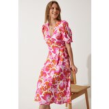  Women's Pink Orange Patterned Summer Wrap Viscose Dress | Shoptok.si