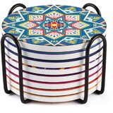 Lifver komplet 8 absorbentnih podstavkov iz keramike v mandala stilu z nosilcem, podstavki premera 10 cm za pijače z osnovo iz plute, čudovita barvita dekoracija, idealno darilo za zahvalni, (21635307) | Shoptok.si