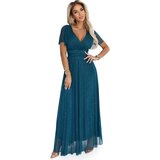 numoco basic 635-1 MELANIA long, shiny dress with a neckline and short sleeves - bottle green | Shoptok.si