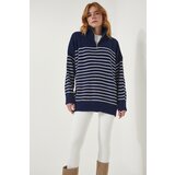  Women's Navy Blue White Zippered Stand Up Collar Striped Oversize Sweater | Shoptok.si