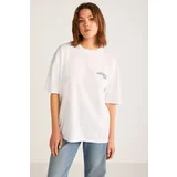 Grimelange Finola Women's Oversize Short Sleeve White T-shirt with Blue Text Detail on the Front and Bac