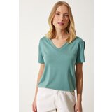  Women's Green V-Neck Basic Viscose Knitted T-Shirt Cene