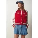  Women's Red White College Bomber Sweatshirt Coat