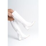Capone Outfitters Oval Toe Side Zipper White Heeled Women's Boots | Shoptok.si