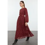 Trendyol Burgundy Chiffon Woven Stripe Detailed Patterned Dress