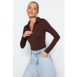 Trendyol Brown Zipper Collar Detail, Snap Snaps at the Bottom, Flexible Knitted Knit Body | Shoptok.si