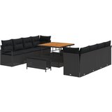 vidaXL 11-delni set vrtne sedežne garniture s blazinami Črna poli ratan akacija, 2-sedežna vrtna sofa s shrambo in blazinami Črna poli ratan, 3-delni vrtni jedilni set s blazinami Črna poli ratan akacija Cene