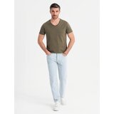 Ombre Men's BASIC classic cotton T-shirt with a serape neckline - dark olive | Shoptok.si