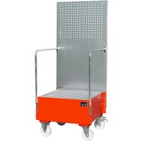 eurokraft pro Pomična prestrezna kadica s ploščo z luknjami, 1 x 200-l stoječ sod, DxŠxV 870 x 890 x 2110 mm, ognjeno rdeče barve | Shoptok.si