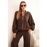 Polski Women's cotton set with wide leg pants and zip-up hoodie brown Cijene