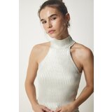  Women's Metallic Gray Barbell Neck Ribbed Shiny Knitwear Blouse | ePonuda.com