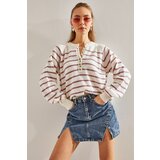 Bianco Lucci Women's Buttoned Collar Turtleneck Striped Knitwear Sweater | ePonuda.com