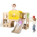  7-v-1 otroški leseni sestav s plezalno lestvijo, košarkarskim košem, tunelom | Shoptok.si