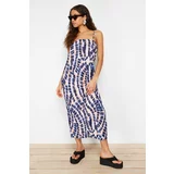Trendyol Blue Abstract Printed Fitted/Fitted Square Neck Strap Knitted Dress