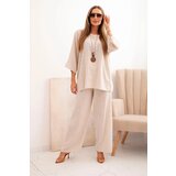 Kesi Włoski Women's set made of viscose blouse with necklace and trousers beige | shoptok.hr