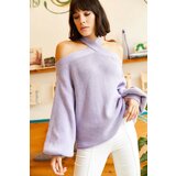 Olalook Women's Lilac Cross Neck Knitwear Sweater Cene