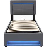 Lumor Postelja s predalom 90x200 cm iz umetnega usnja z LED - Z vtičnicami za polnjenje (žičnimi in brezžičnimi) - Siva, (22155809) | Shoptok.si