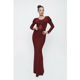By Saygı Lined Long Sleeve Glittery Long Dress with a Checkered Waist Claret Red Cene