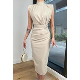 Dewberry 69862 Brooched Padded Crepe Women Dress-STONE | shoptok.hr
