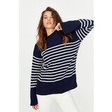 Trendyol Navy Blue Oversize Striped Knitwear Sweater Cene