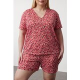 Trendyol Curve Pink Flower Patterned V-Neck Knitted Pajama Set | Shoptok.si