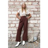 Trend Alaçatı Stili Women's Brown High Waist Double Pockets Pleated Palazzo Pants with Snap Snap Closure Cene