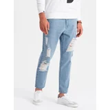 Ombre Men's TAPERED FIT denim pants with holes - light blue