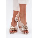 Laura Messi Leather Women's Heeled Sandals With Flowers Beige 2950 Cene