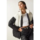 Happiness İstanbul Women's White Black Fur Collar Puffer Coat