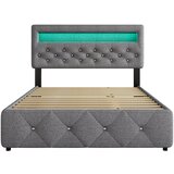 Lumor Oblazinjena postelja za odrasle 140x200 cm z LED – z dodatno izvlečno posteljo in 2 predaloma – laneno blago – siva, (22151274) | Shoptok.si