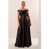 By Saygı Madonna Neckline Waist Belted Lined Slit Plus Size Long Satin Dress | Shoptok.si