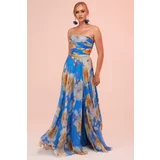 Carmen Blue Strap Slit Printed Evening Dress