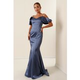 By Saygı Indigo Lined Long Satin Dress With Lace-Up Straps and Low Sleeves With Lace-Up Back. Cene